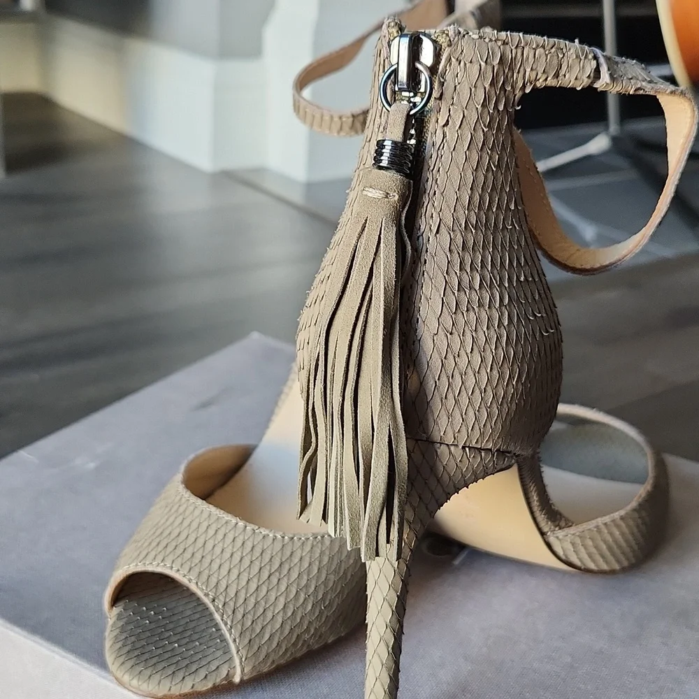 NWT BOTKIER | Anna Suede Tasseled Stiletto Heels - Olive Snake - Picture 5 of 7